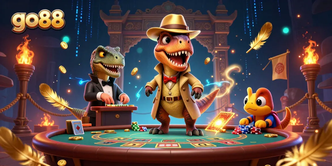 Experience thrilling gameplay at go88 with a clever velociraptor card counter, vibrant casino elements around.