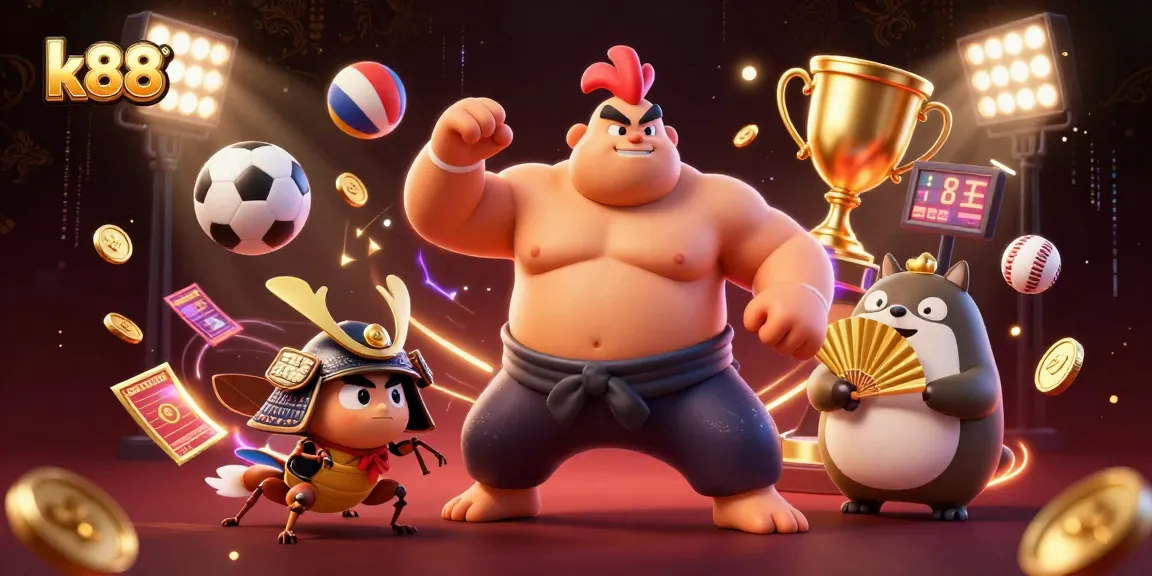 K88 introduces thrilling betting with an energetic illustration of a cartoon sumo rooster and samurai cricket, dynamic sports elements around.