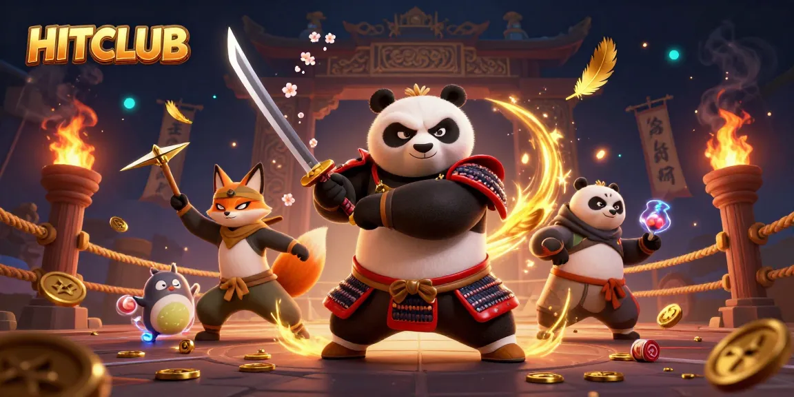 Engage in thrilling gameplay at HITCLUB with a dynamic 3D casino scene showcasing samurai, fox, and tanuki characters among gold coins.
