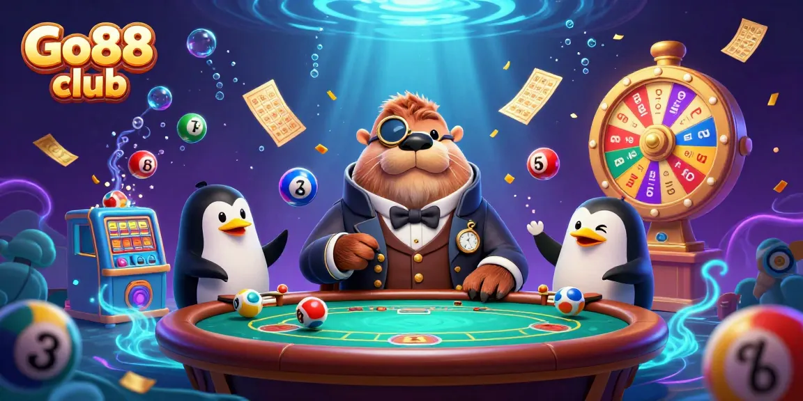 Engage in exciting games with Go88 club's vibrant underwater poker scene, showcasing unique characters.