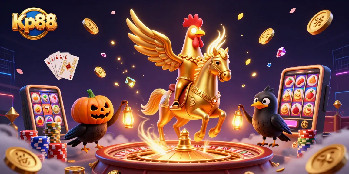 Kp88 showcases a thrilling golden rooster riding in a vibrant casino scene filled with jackpots and slot reels