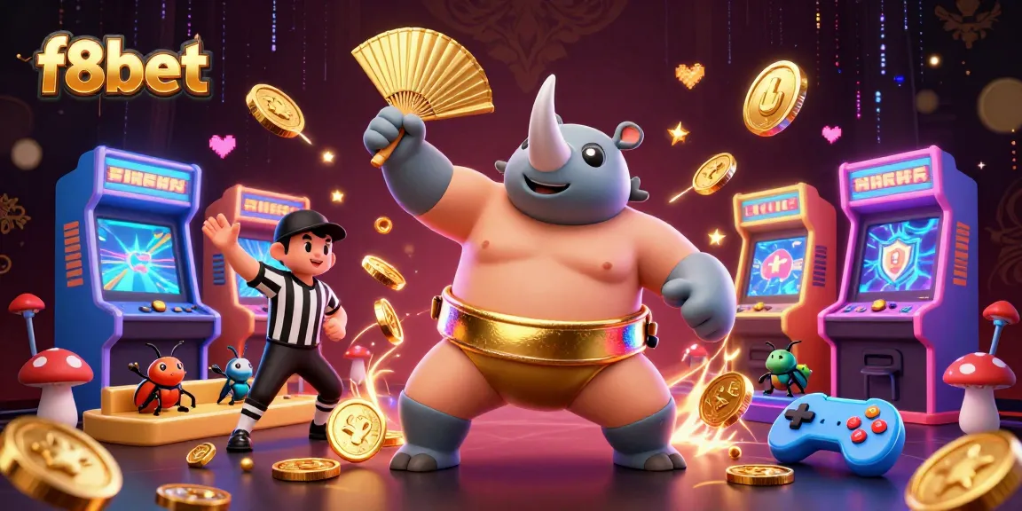 F8bet showcases a vibrant gaming scene with a sumo beetle champion amidst flying coins, immersed in action.