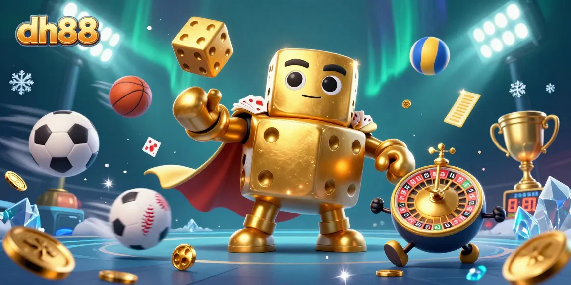 Experience thrilling gaming action at dh88, vibrant casino world with golden dice, cards, and sports balls.