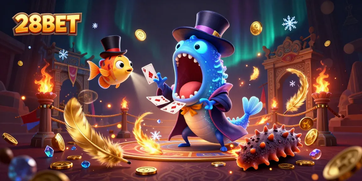 Engage in high-stakes play with 28BET's thrilling card magic scene featuring deep-sea characters and casino elements.