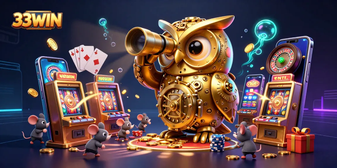 Engage with the thrilling 33WIN gaming universe featuring a golden owl and vibrant casino elements.