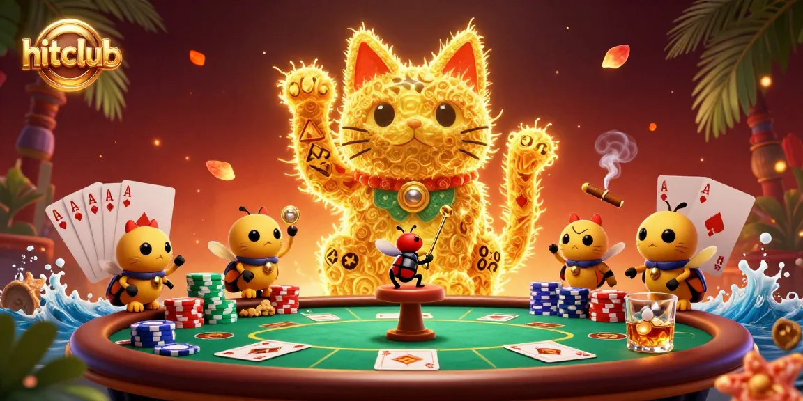 Engage with hitclub as a vibrant lucky cat waves, surrounded by poker elements and casino excitement!