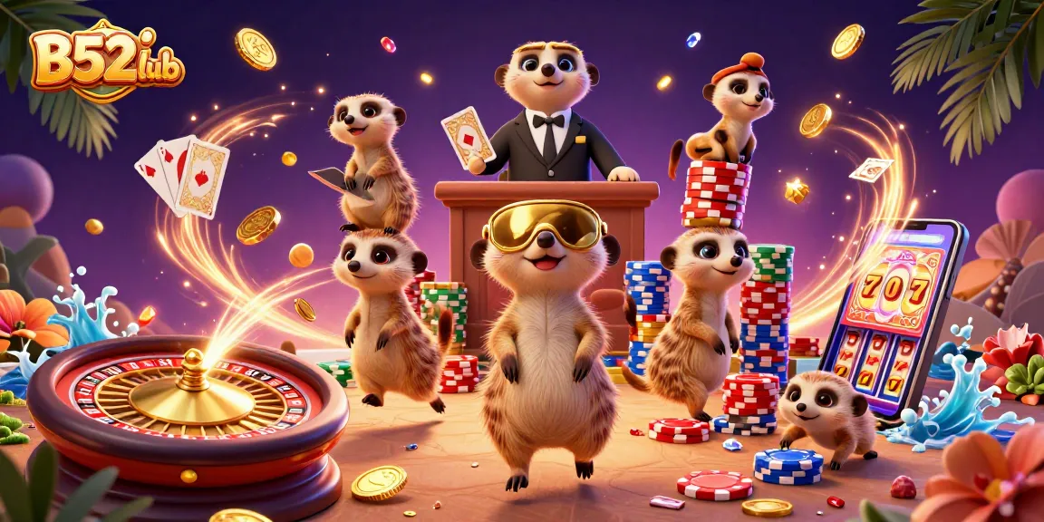 Experience the vibrant excitement of B52club with a cartoon meerkat casino hustle, showcasing thrilling games!