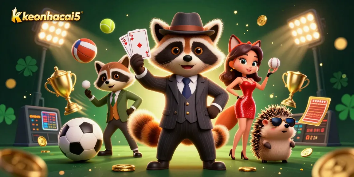 Betting action illustrated with keonhacai5, featuring a suave raccoon and friends in a vibrant casino atmosphere.