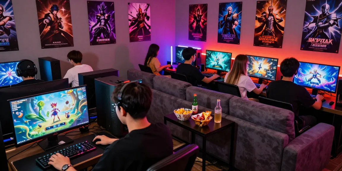 Diverse players enjoying hentaigames in a cozy gaming lounge, featuring vibrant fantasy art on screens.