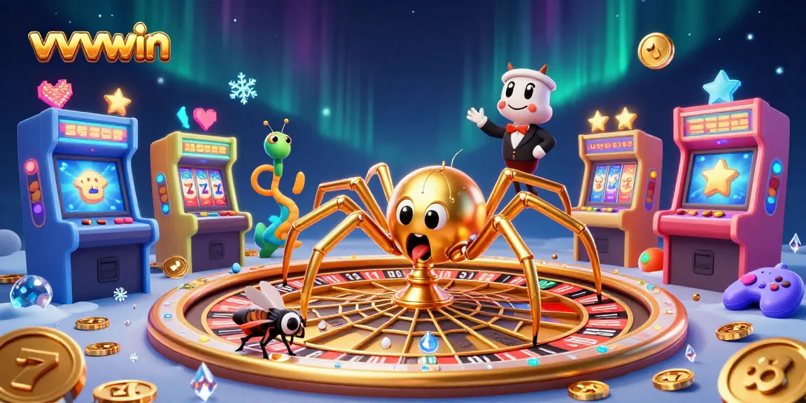 Experience thrilling bets at vvvwin with a vibrant 3D casino scene featuring a golden spider and centipede croupier.