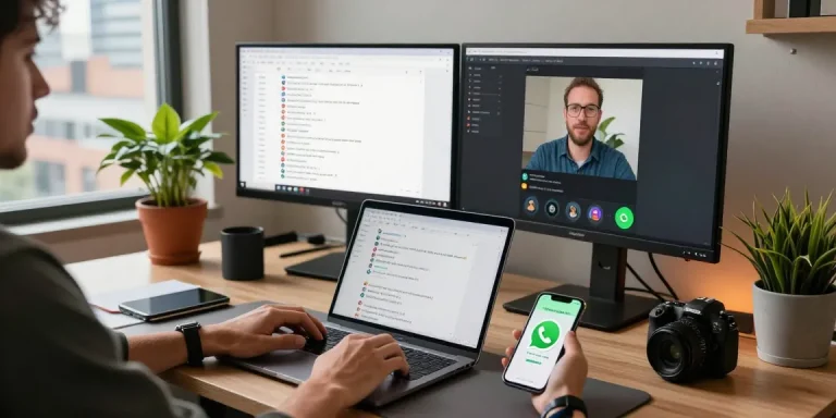 Professional using WhatsApp電腦版 on a laptop in a modern workspace with dual monitors and tech gadgets.