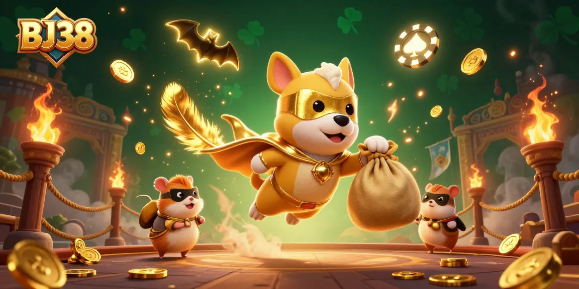 Experience thrilling gaming action at BJ38 with a superhero dog and hamster amid vibrant casino elements.