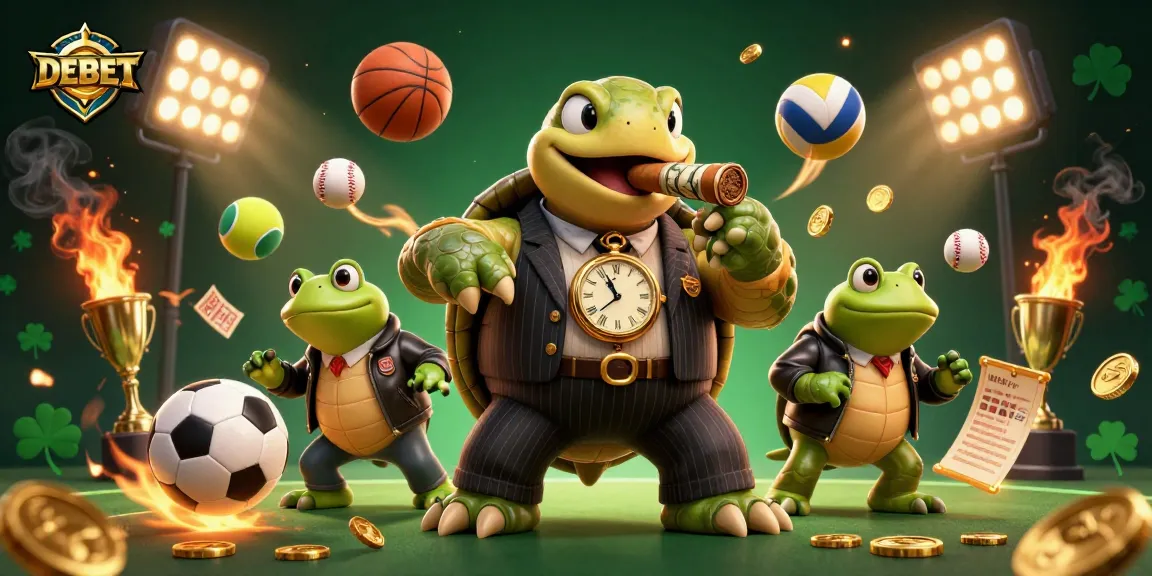 Betting big with DEBET in a vibrant casino scene with a massive snapping turtle and bullfrog enforcers.