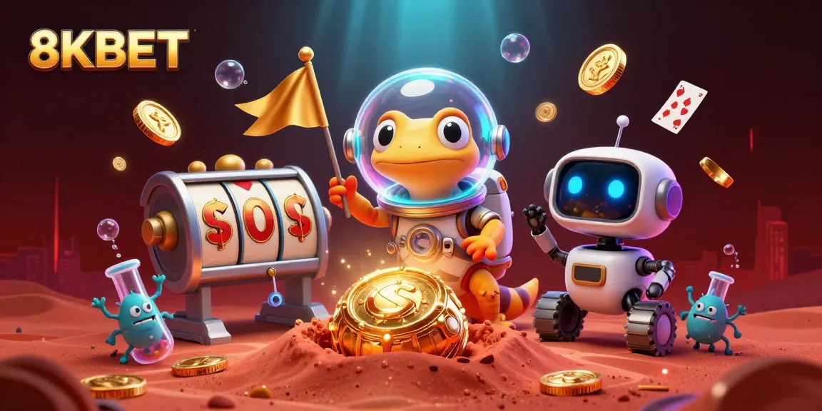 8KBET showcases a Martian gecko discovering a golden casino amidst exciting gaming elements and vibrant visuals.