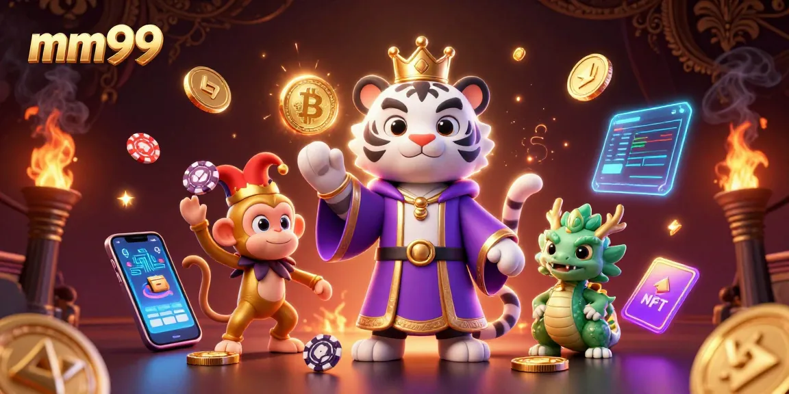 Engage with exciting games at mm99 featuring a vibrant illustration of an elegant tiger, monkey, and dragon, celebrating gaming.