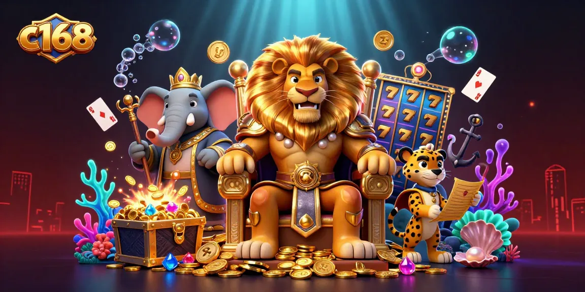 Engage with thrilling c168 slots by a lion king on gold coin throne, enhanced with jackpot reels.