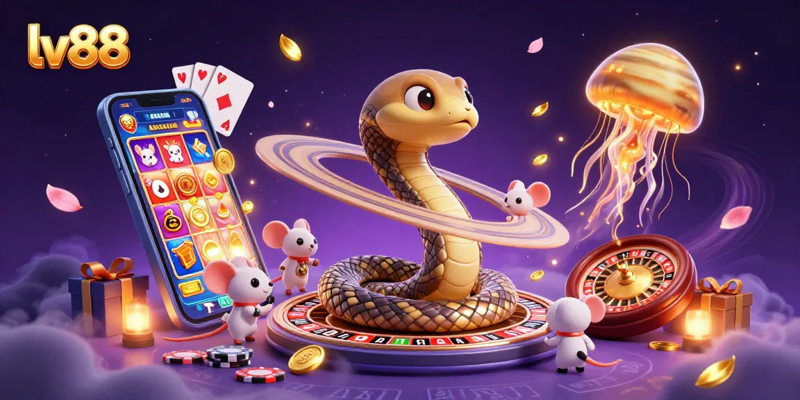 Experience the excitement of lv88's casino with vibrant graphics of gaming elements and characters.