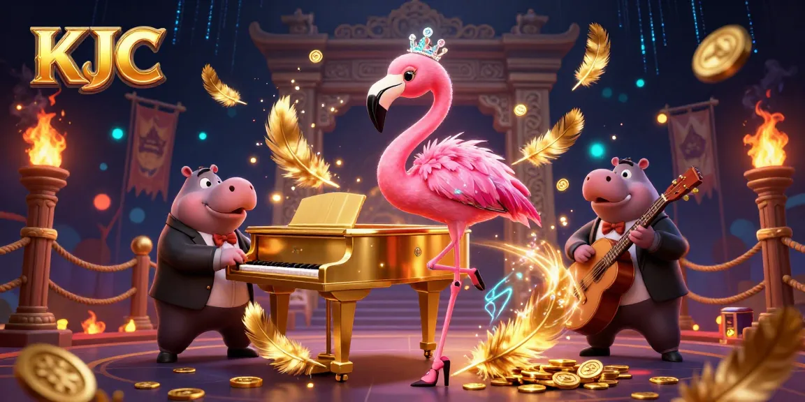 Play at KJC with vibrant casino scenes featuring a singing flamingo and a hippo bassist in a lively setting.