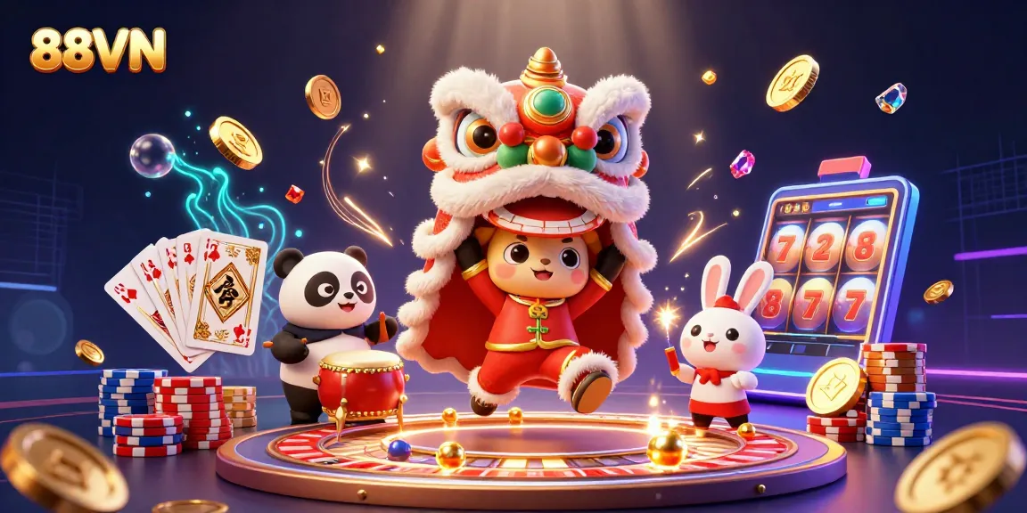 Experience energetic wins with 88VN in a lively online casino atmosphere featuring vibrant characters and dynamic gaming elements.