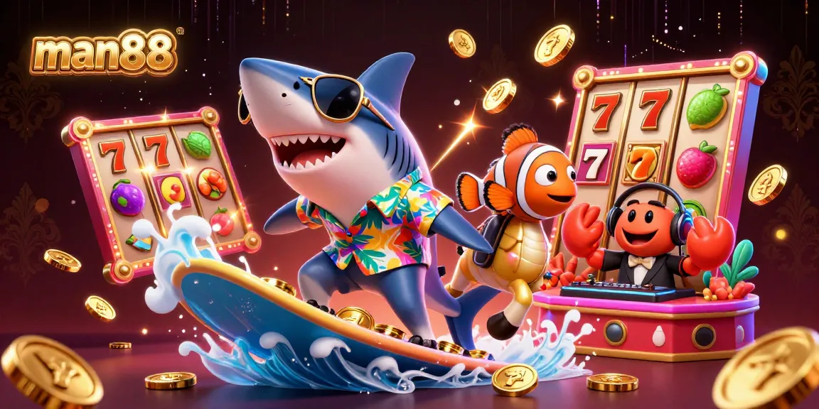 Experience the thrill of man88 with vibrant slot games and joyful characters in a dynamic casino scene.