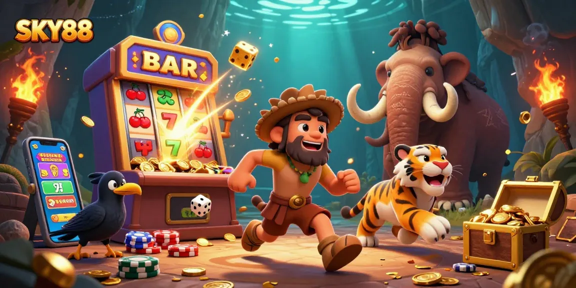 SKY88 casino features a lively prehistoric theme with characters, slot machines, and bursting jackpots.