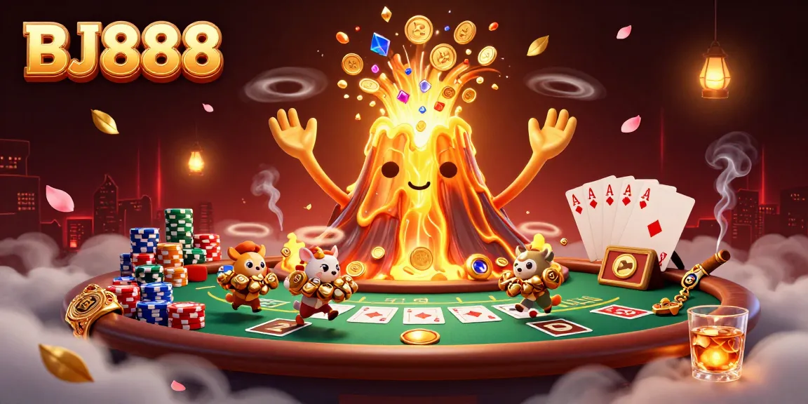 Experience the thrilling excitement of BJ888 as golden treasures erupt and poker elements surround you in this captivating casino illustration.