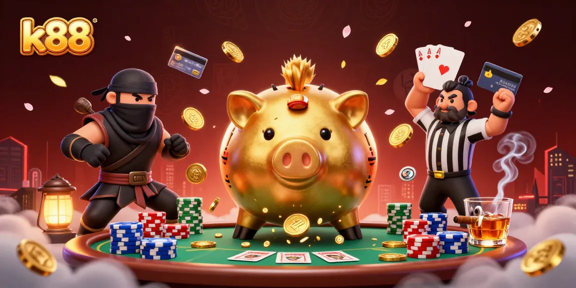 K88 gamers experience excitement engaging with a cartoon golden piggy bank sumo wrestler amidst poker action.