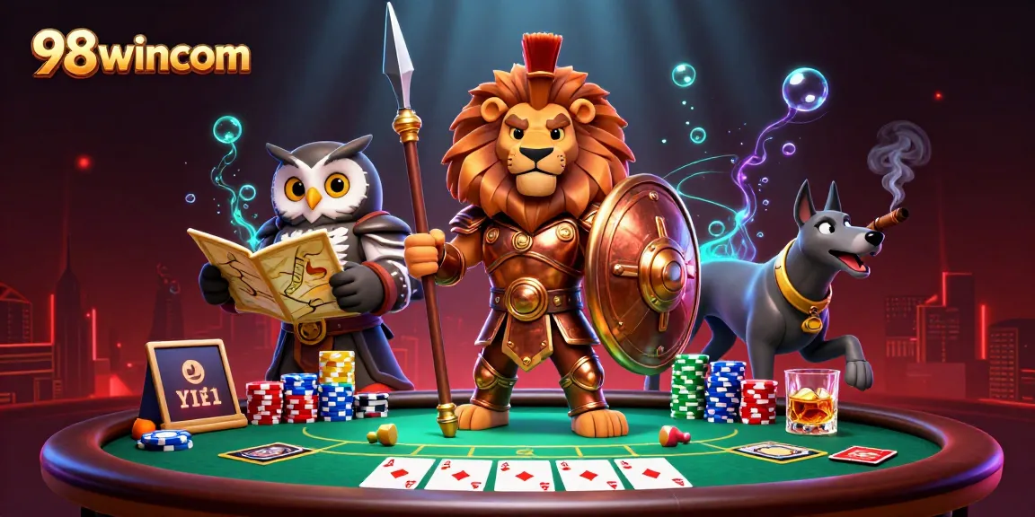 98wincom showcases a heroic Spartan lion amidst poker elements and vibrant visuals.