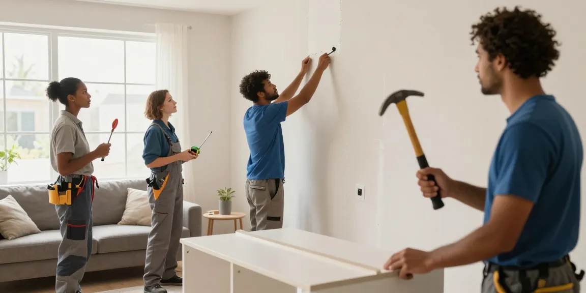 HubPro handyman services team repairing drywall and assembling furniture in a modern living room.