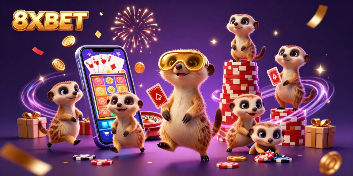 Experience the vibrant energy of 8XBET with a lively casino scene featuring meerkats engaged in various gaming activities.