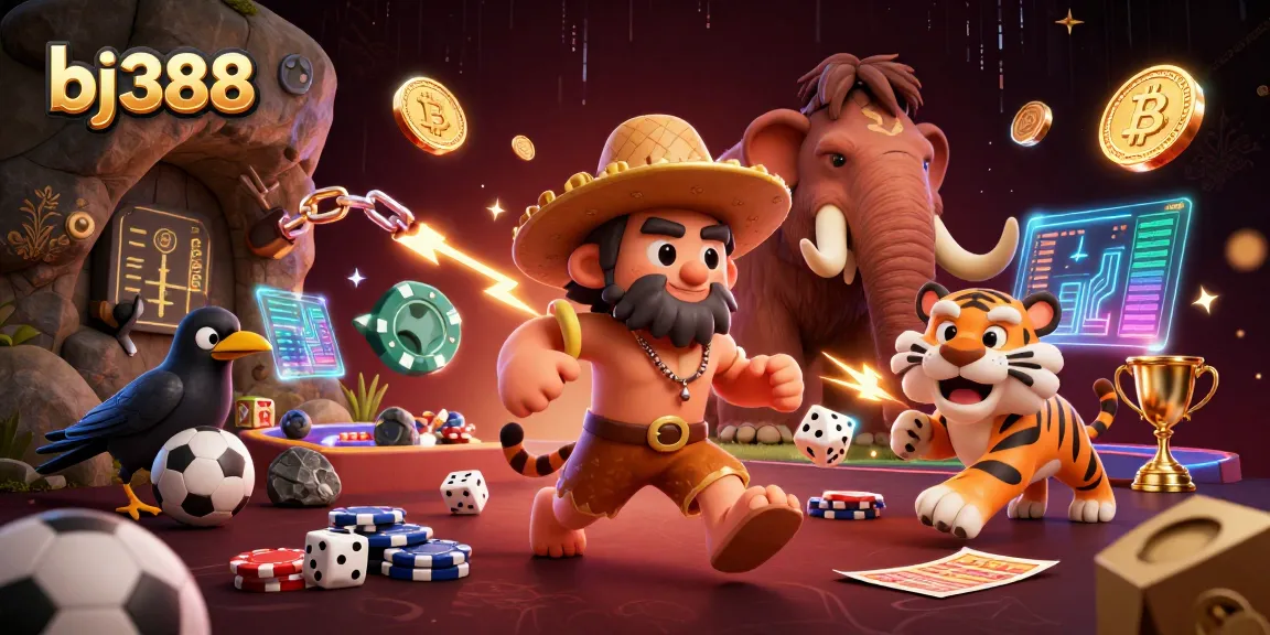Engage in sports betting excitement at bj388 with a 3D cartoon casino scene showcasing unique characters.
