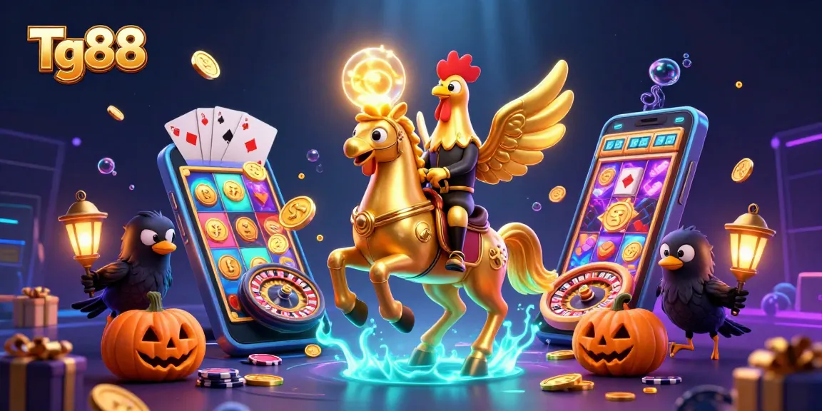 Tg88 showcases a thrilling casino experience with golden rooster and friends amidst vibrant slot games and prizes.