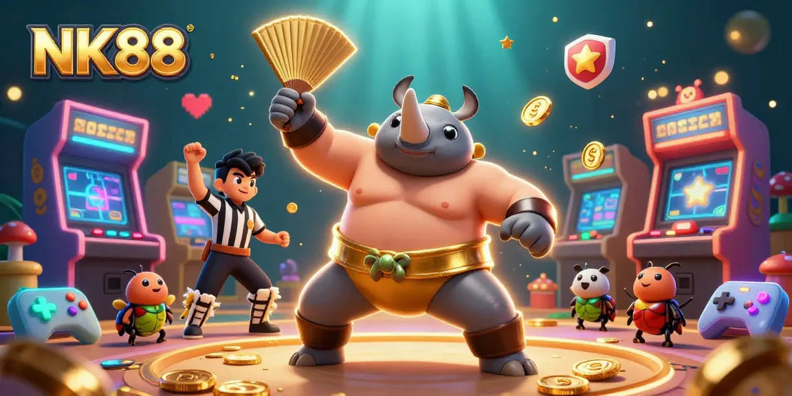 Place winning bets at NK88 with a colorful 3D cash-pulsing casino scene.