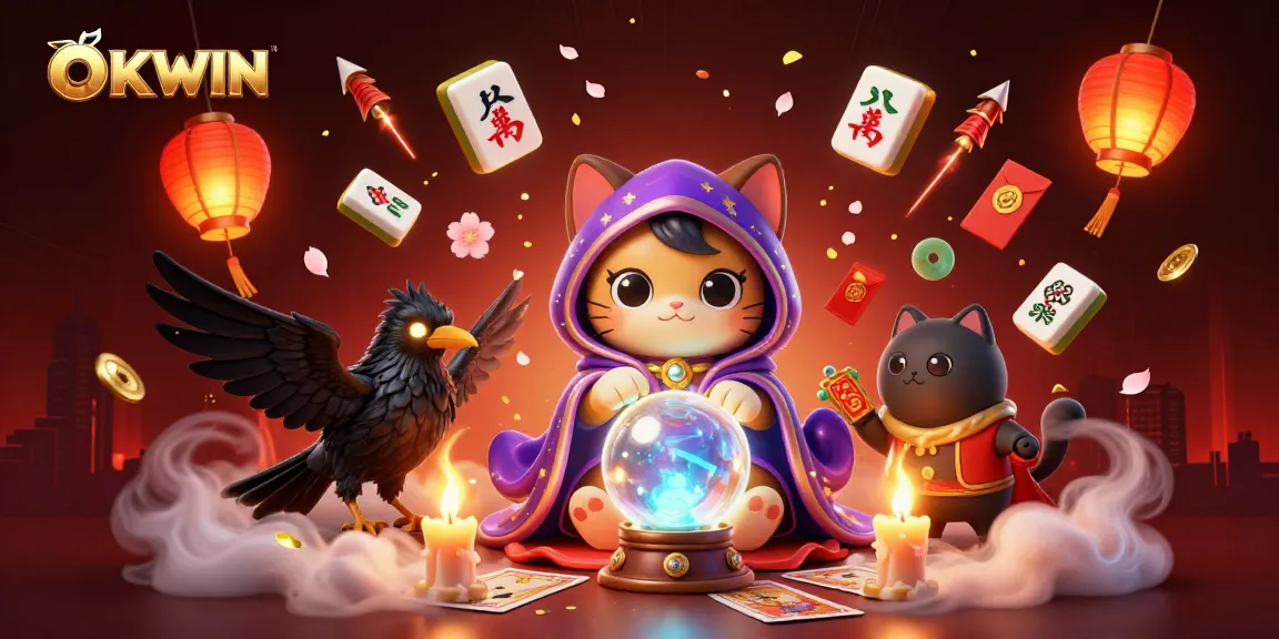 Experience the thrills of OKWIN with a mystical casino scene featuring vibrant characters and festive elements.
