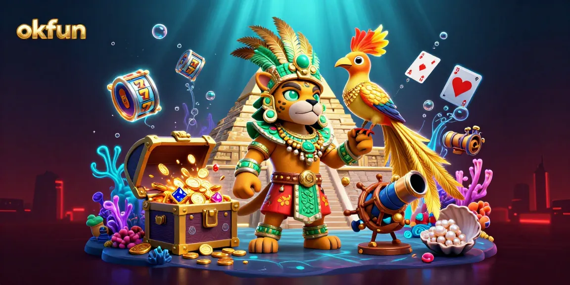 Spin the reels at okfun with this dynamic scene featuring casino-themed characters and elements.