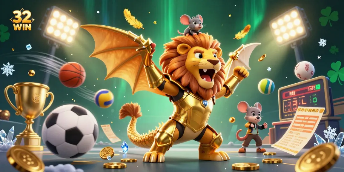 Engage in thrilling 32WIN betting action with a dynamic scene featuring a chimera champion and sports elements.