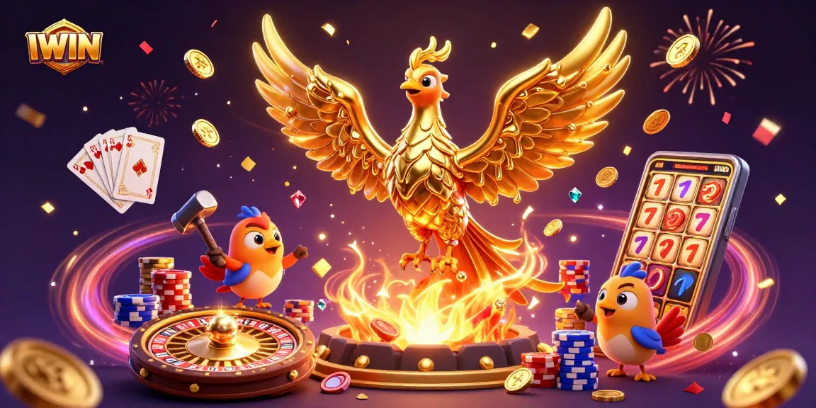 IWIN captivates players with a vibrant golden phoenix rising amidst cascading coins and gaming icons.