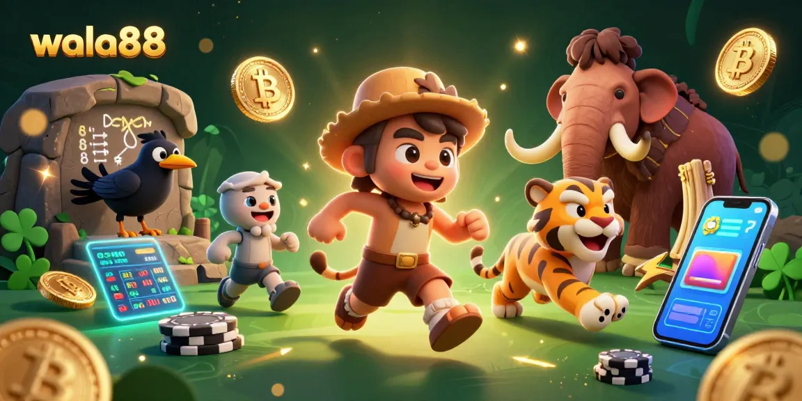 Experience thrilling matches at wala88's prehistoric casino with glowing crypto coins and vibrant elements.