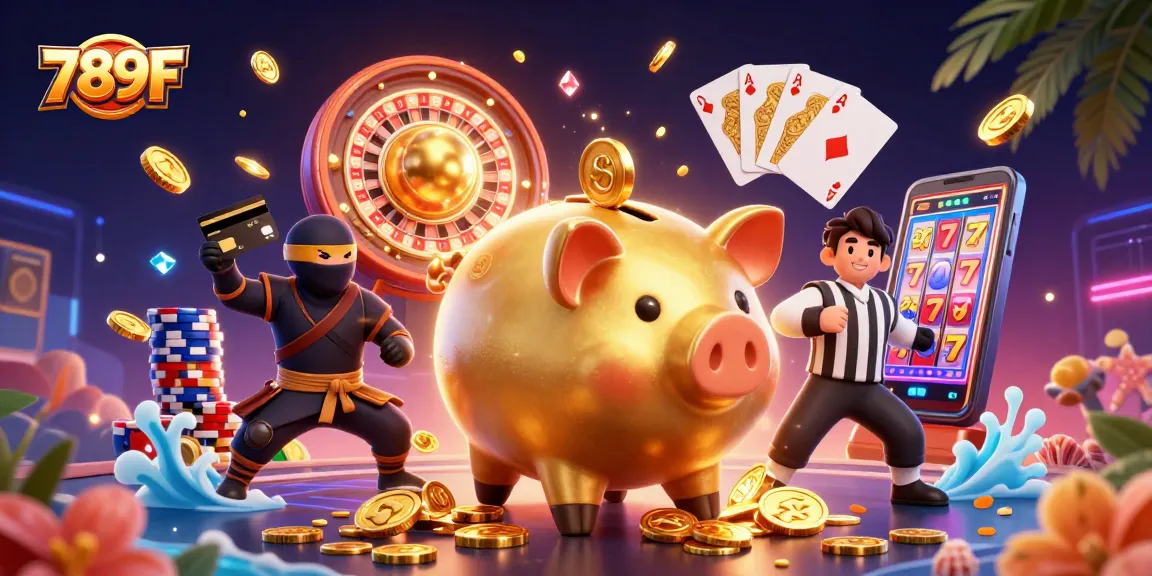 Experience the thrill of gaming with 789F, featuring a playful scene of a golden piggy bank sumo wrestler amidst casino chaos.