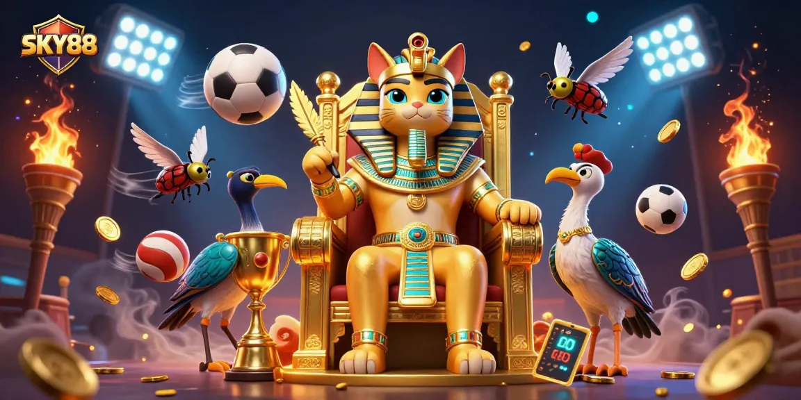 Experience thrilling gameplay with SKY88 as the Egyptian pharaoh cat presides over sports betting excitement.