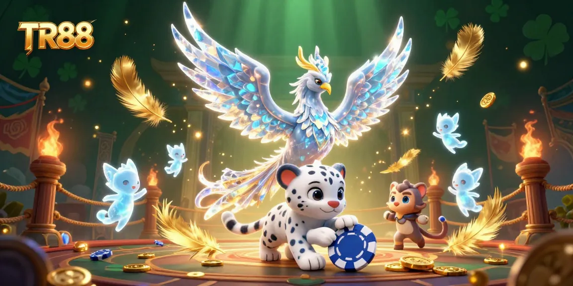 Engage with dynamic gaming at TR88 featuring an ice phoenix and vibrant casino elements.