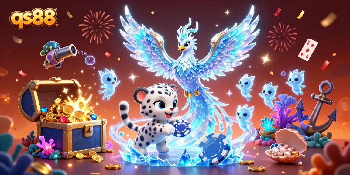 Experience qs88's vibrant casino world with an ice phoenix and playful snow leopard in an animated scene.