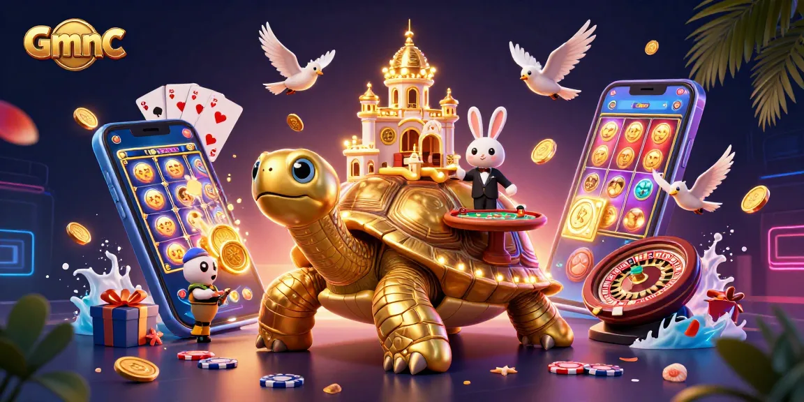 Engage with Gmnc by playing colorful slot games amidst a vibrant casino scene.