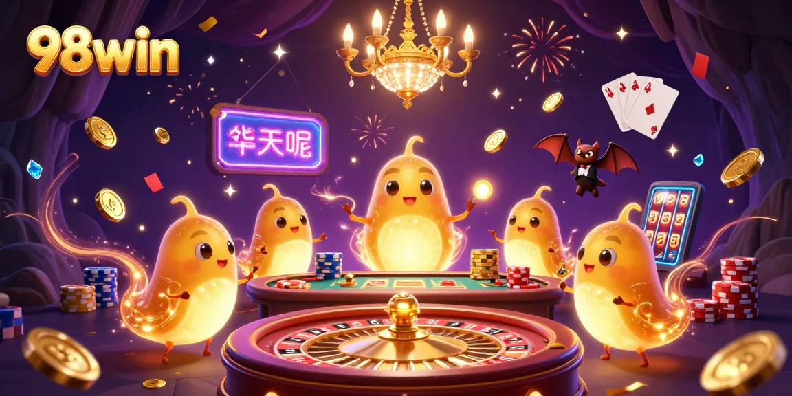 Win big at 98win with an exciting casino scene featuring glowworms and game elements.