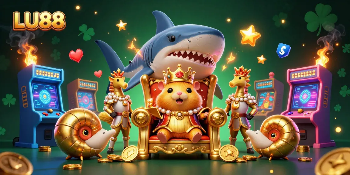 LU88 showcases a vibrant casino scene with a fierce golden hamster king, arcade game elements, and a dynamic atmosphere.