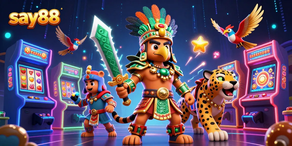 Experience thrilling action at say88 with Aztec warriors amid vibrant slots and arcade elements.