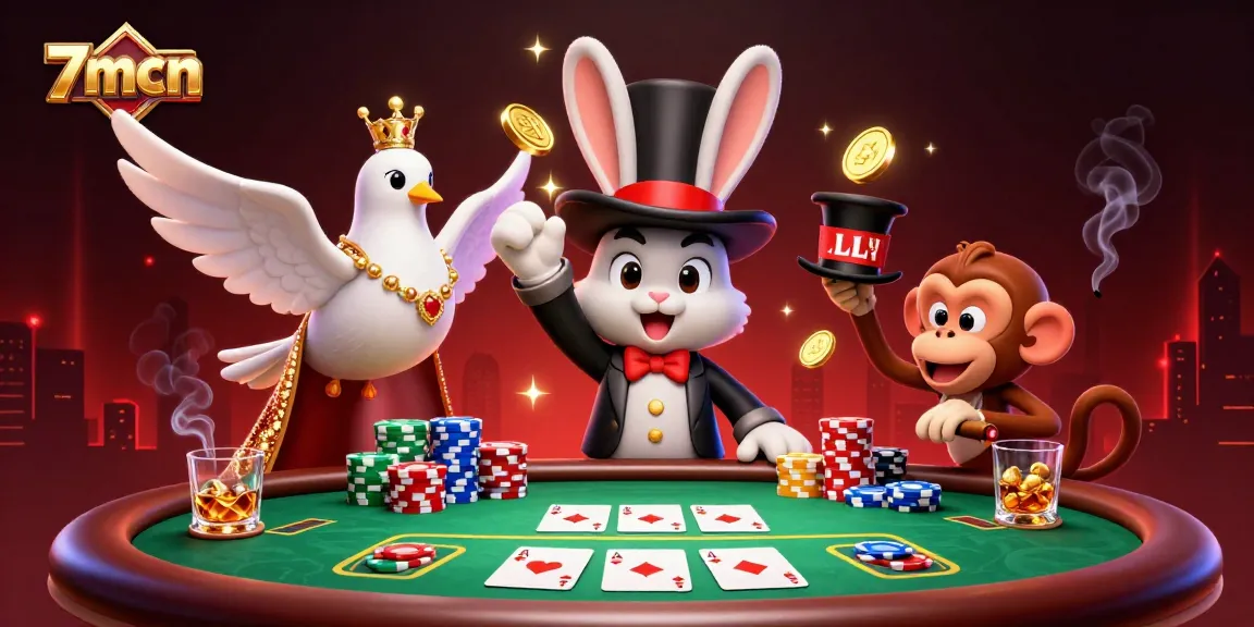 Engage with 7mcn’s lively casino scene of a magician rabbit, dove, and monkey amidst poker excitement.