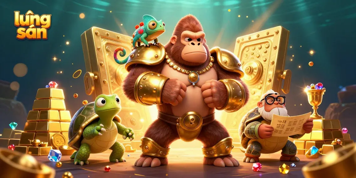 Lương Sơn showcases an action-packed scene featuring a powerful gorilla and a wise tortoise amidst a treasure trove, emphasizing captivating gambling dynamics.
