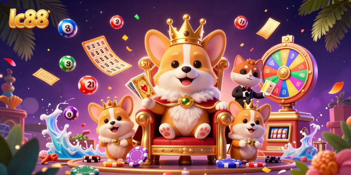 Explore lc88's vibrant gaming universe with corgi royalty surrounded by colorful lottery elements.