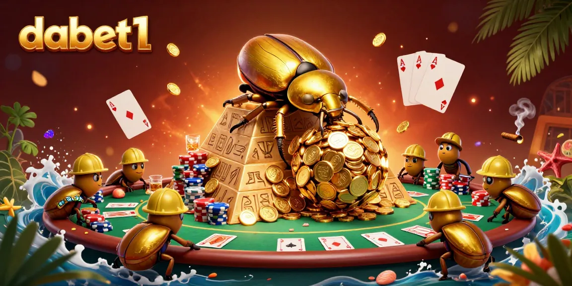 dabet1 showcases an energetic scene of golden beetles rolling coins with dynamic casino elements.